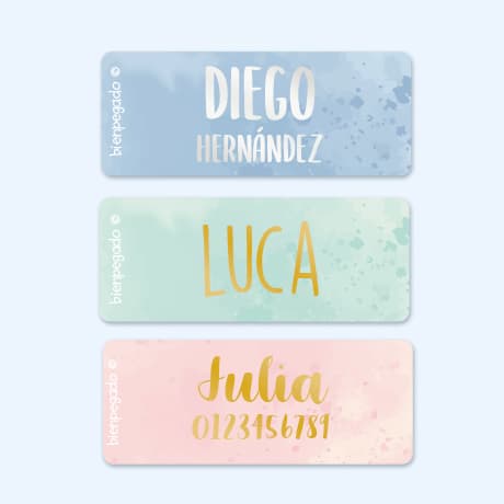 Etiquetas personalizadas pequeñas en dorado/plateado con diseño de acuarela.